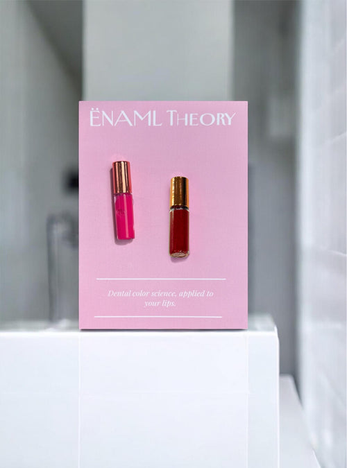 ËNAML Theory Dual Sample Kit featuring Founding Pink and Almost Midnight lip pigments on a pink display card
