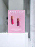 ËNAML Theory dual sample kit featuring Founding Pink and The Barbie Edit lip pigments on a pink display card.