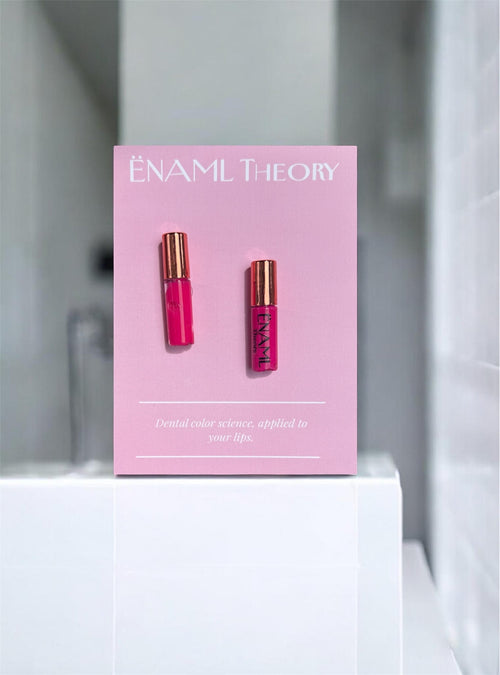 ËNAML Theory dual sample kit featuring Founding Pink and The Barbie Edit lip pigments on a pink display card.