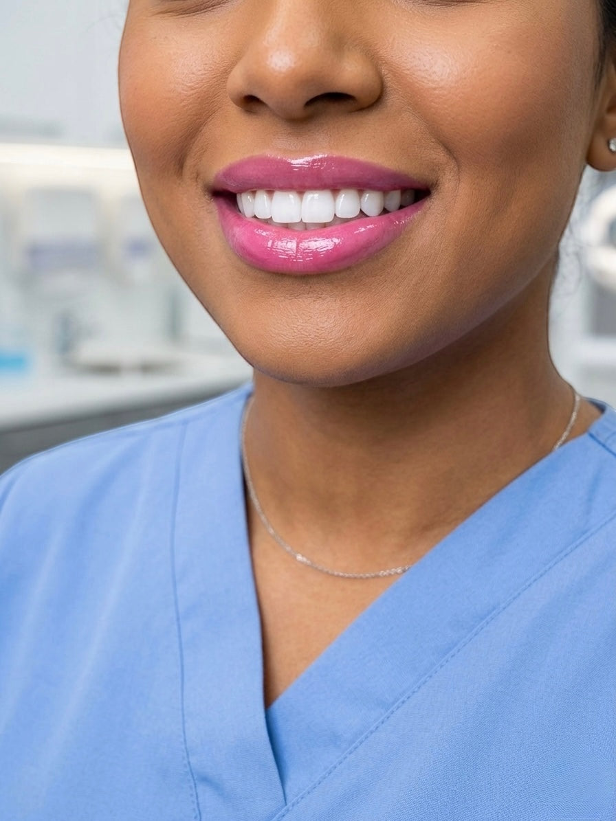 ËNAML Theory Founding Pink Shade 01 cool toned baby pink lip color on a model with a bright natural smile