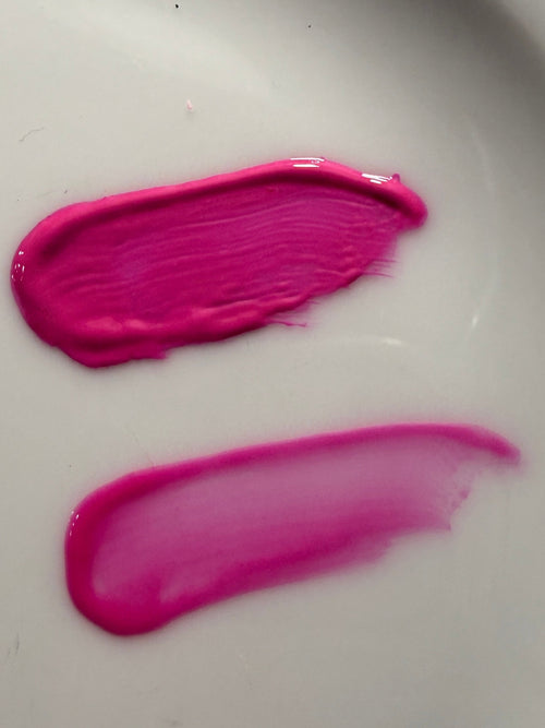 ËNAML Theory dual sample kit showing a bold saturated pink swatch and a sheer cool baby pink swatch on white surface